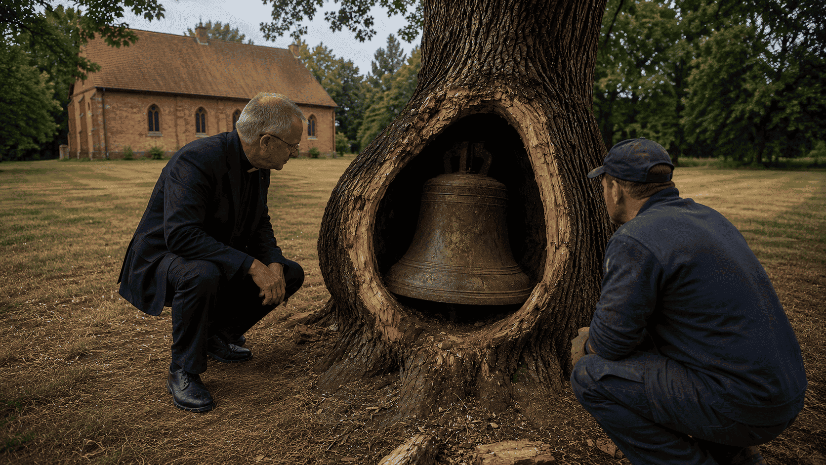 Father Gabriel and a tree worker crouching beside the tree opening, staring at the old bronze bell inside