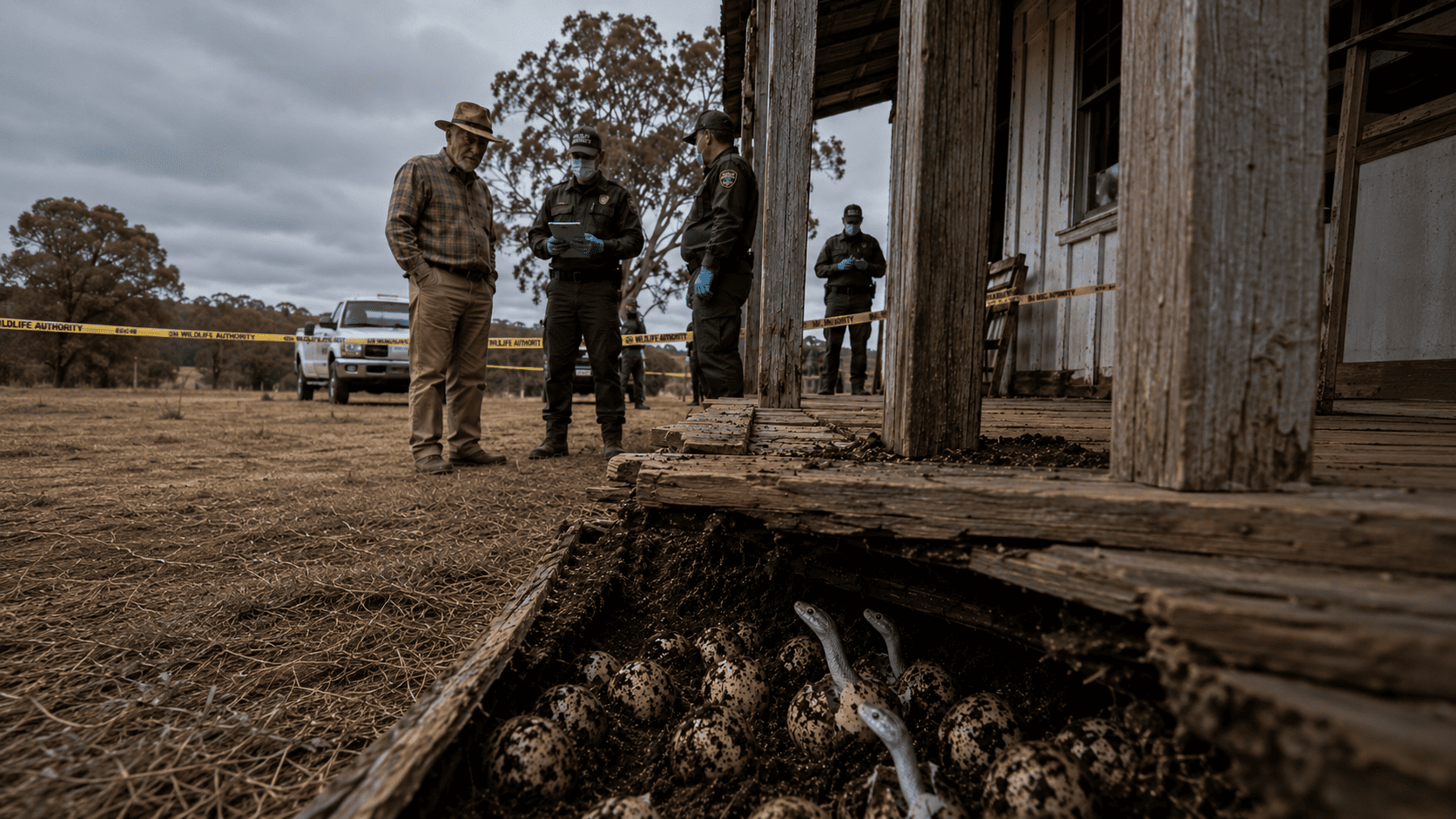 Elias standing with Wildlife Authority officers outside his quarantined farmhouse as small snakes emerge from eggs beneath the deck