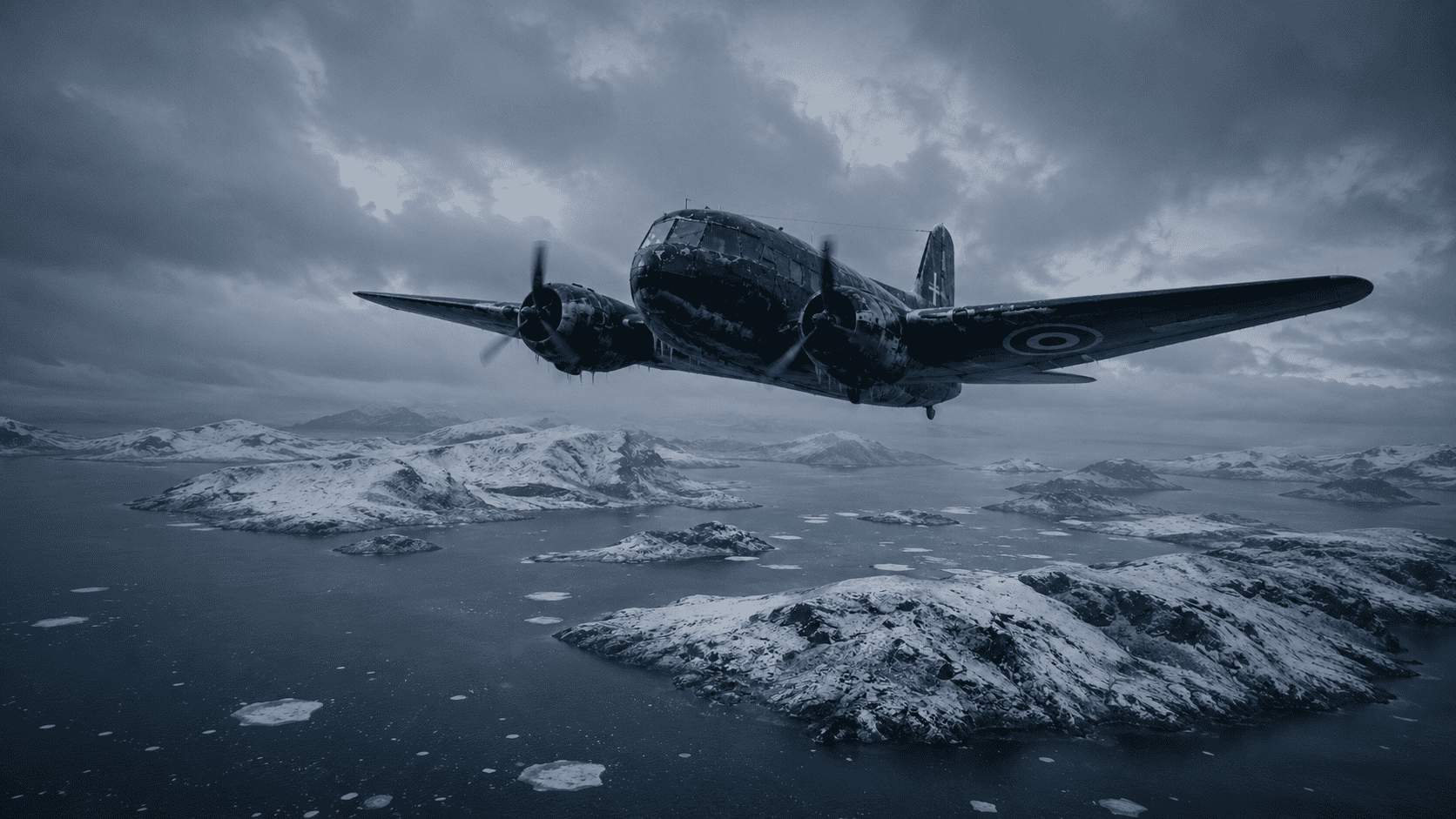 A Royal Air Force transport plane flying over the Arctic during a wartime supply mission to the Soviet Union