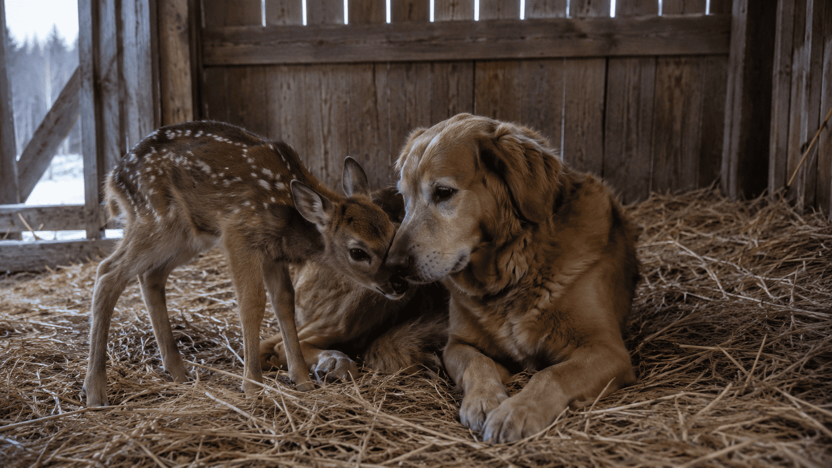 A young rescued fawn lying peacefully next to a calm old dog in a straw-filled barn