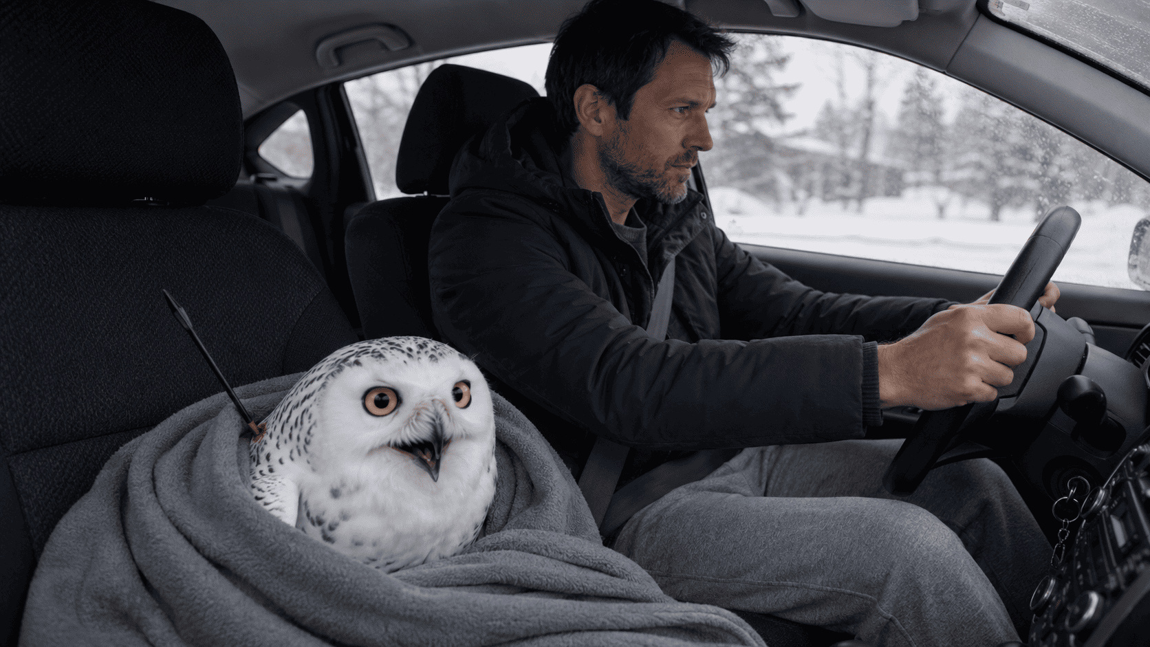 A rescued snowy owl wrapped in a blanket on the passenger seat of a car on the way to the vet