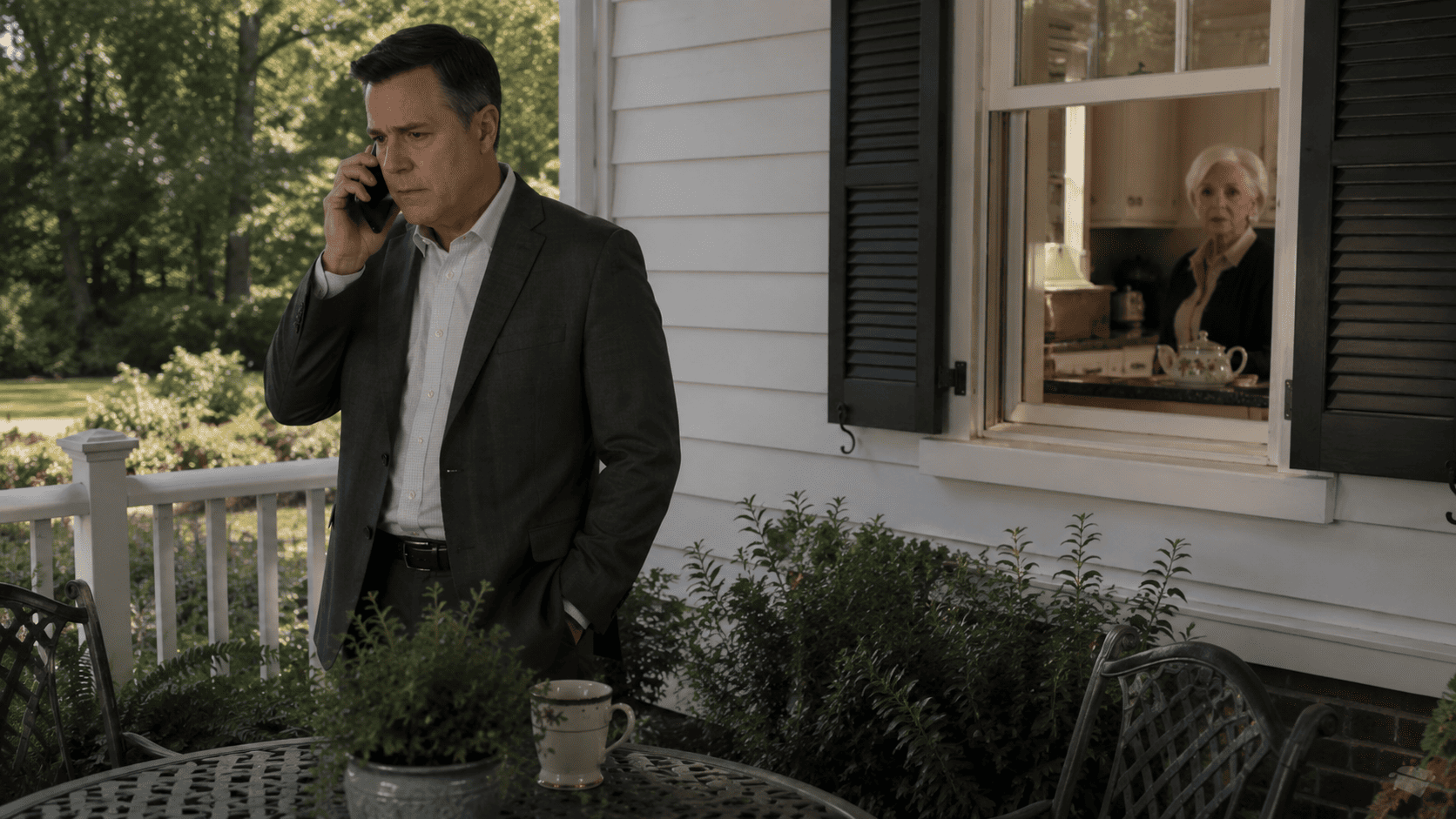 Richard making a secret phone call on the back porch