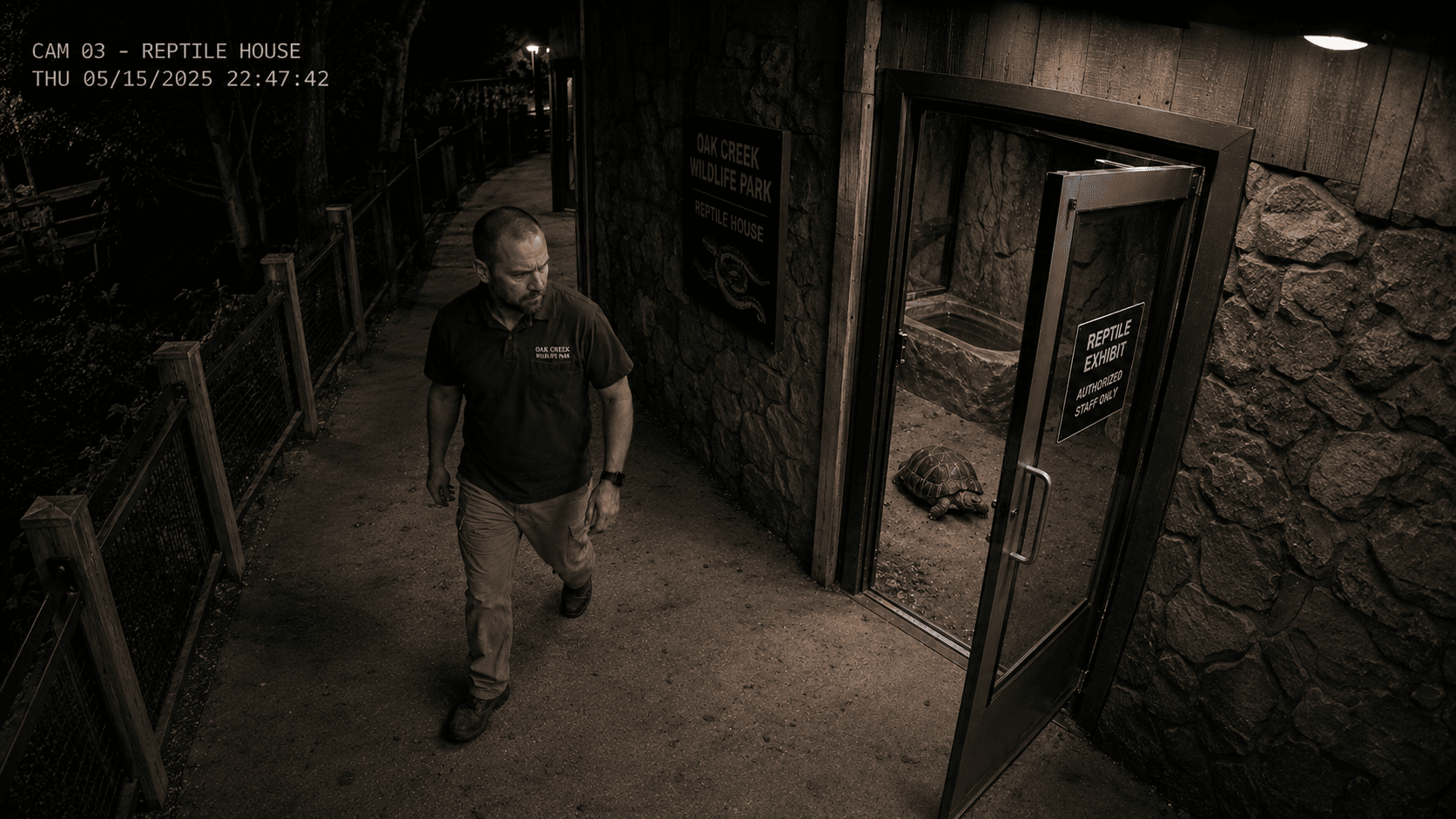 Security camera footage showing zookeeper Jenkins leaving the Reptile House with the tortoise exhibit door left open