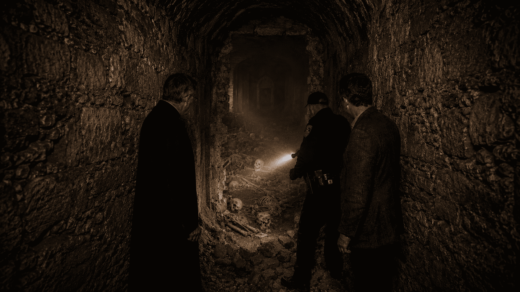 Flashlights revealing dozens of scattered skeletal remains covering the floor of a sealed underground crypt