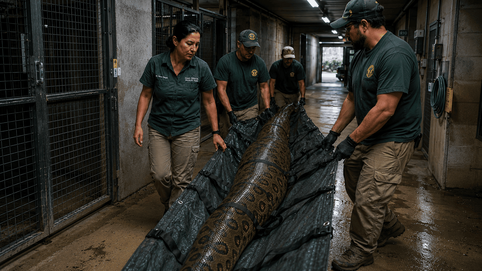 Dr. Elena and a team of keepers carrying Medusa the python through the facility corridor