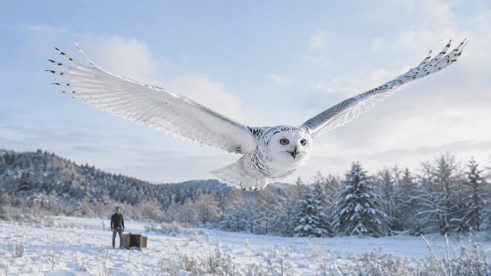 A snowy owl flying free over a winter forest after being released