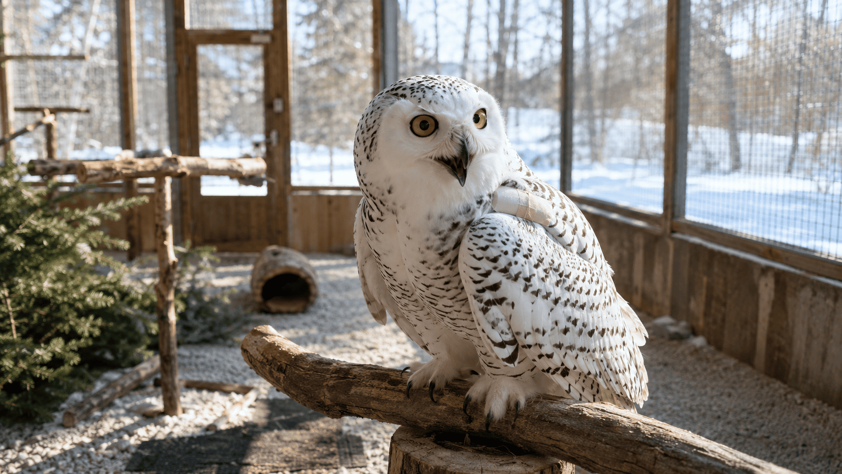 A snowy owl perched and recovering inside a rehabilitation aviary