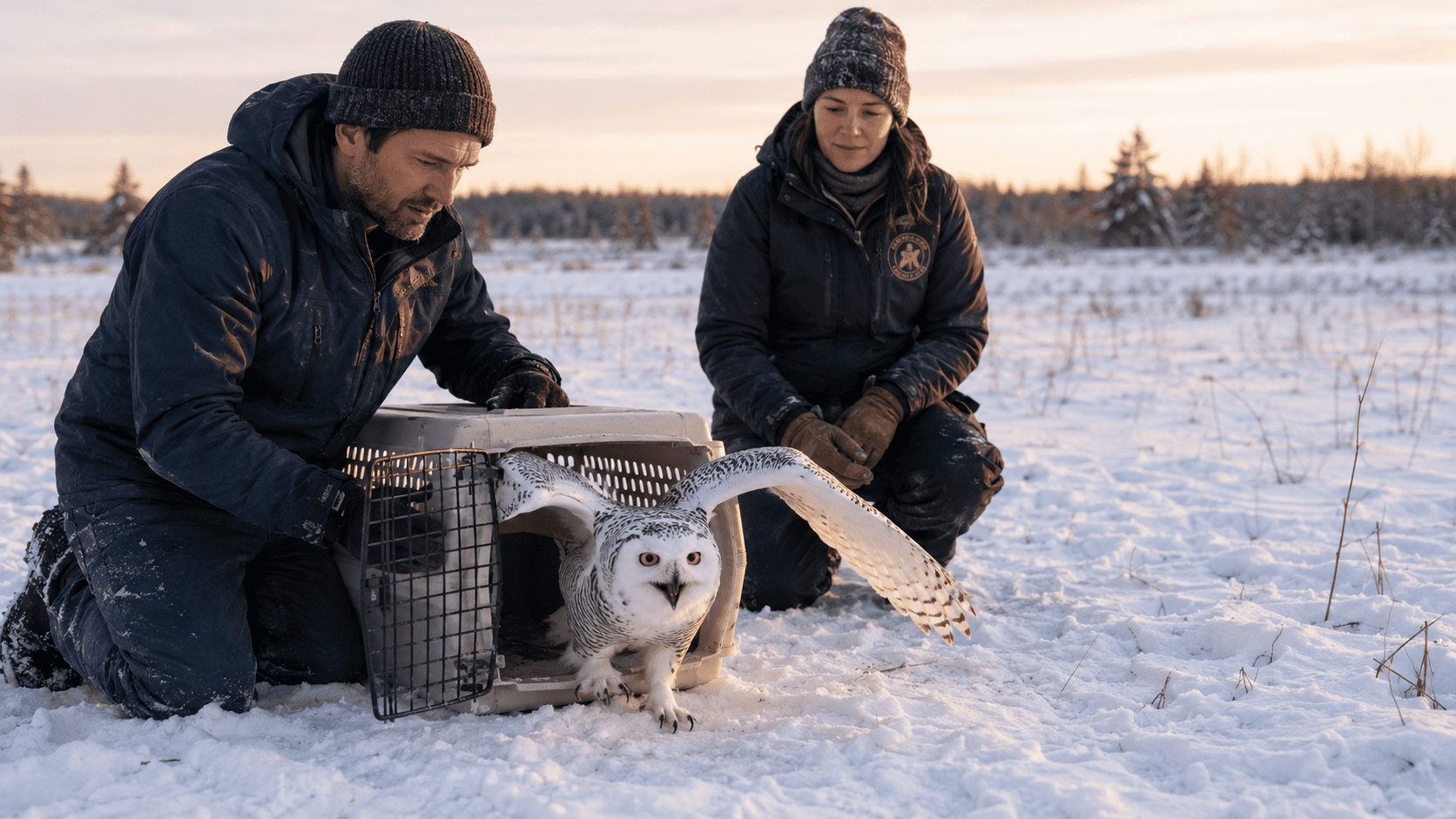 A snowy owl being released into a snowy open field at sunrise