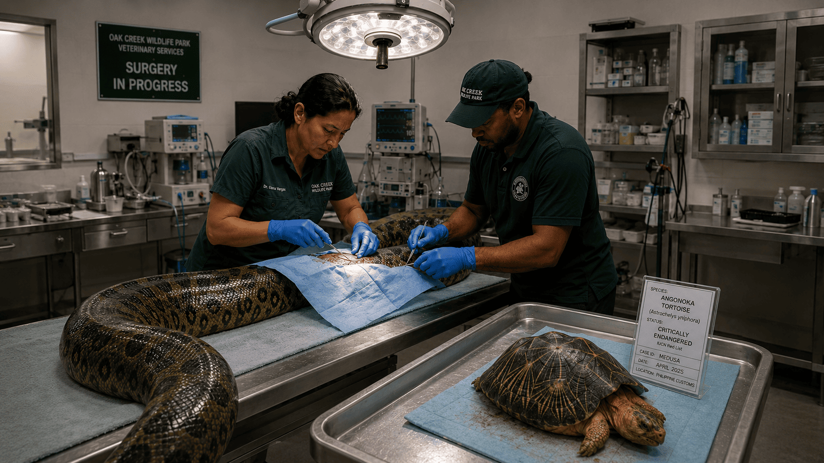 Dr. Elena and a surgical assistant operating on Medusa the python to remove the Angonoka tortoise