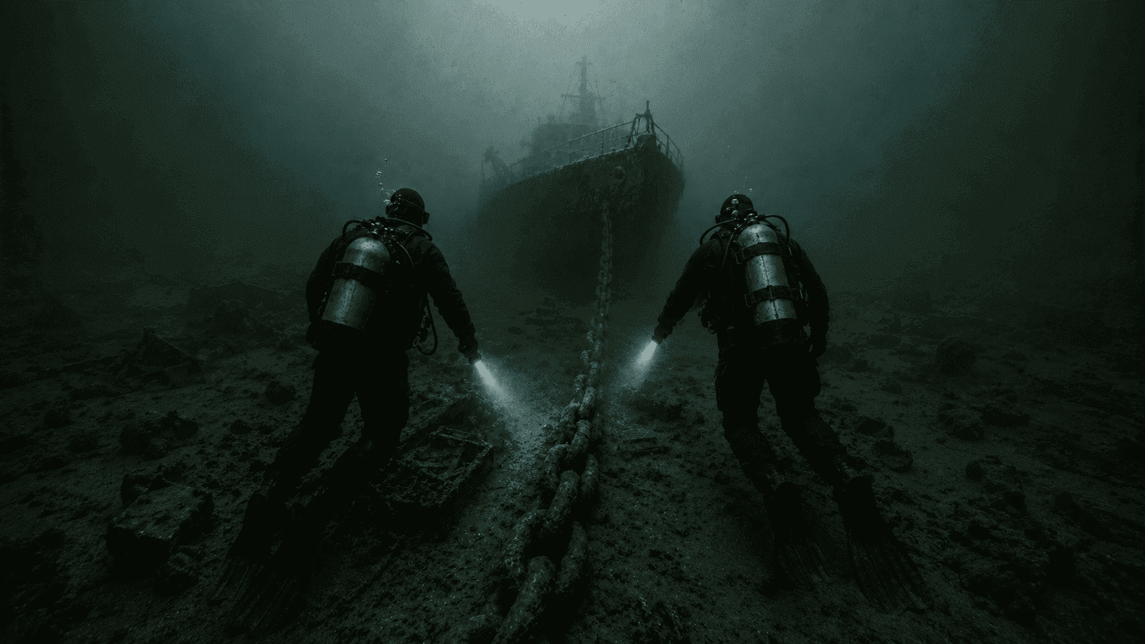 Two divers approaching the bow of a massive sunken WWII warship on the ocean floor
