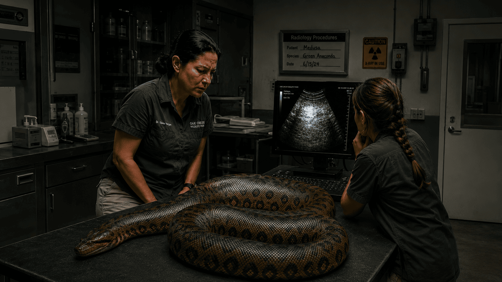Dr. Elena and a technician examining Medusa's ultrasound results showing a large mass
