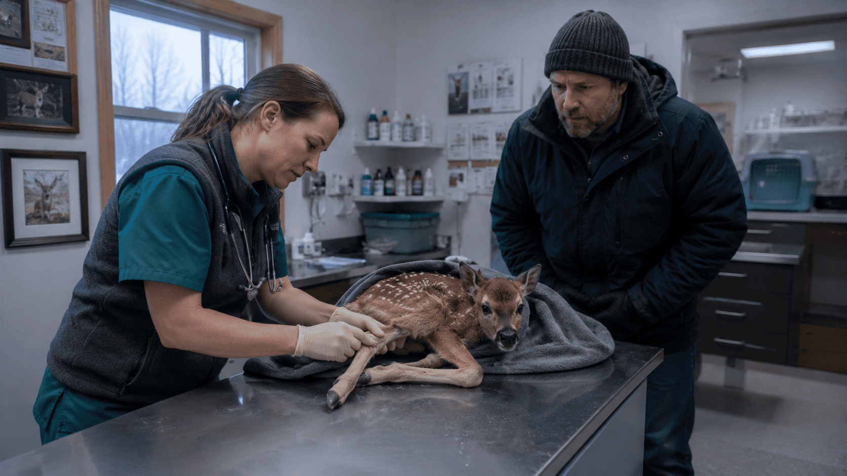 A veterinarian carefully examining a small fawn at a wildlife rehabilitation center