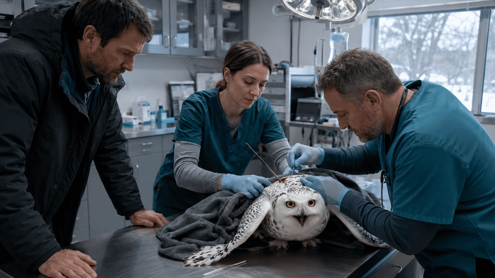 Veterinarians treating an injured snowy owl and removing an arrow from her back