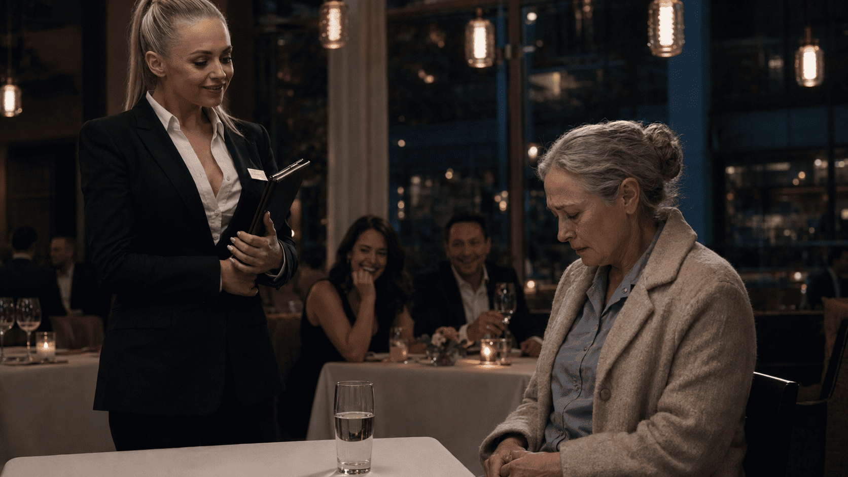 A waitress humiliating Margaret in front of other restaurant customers