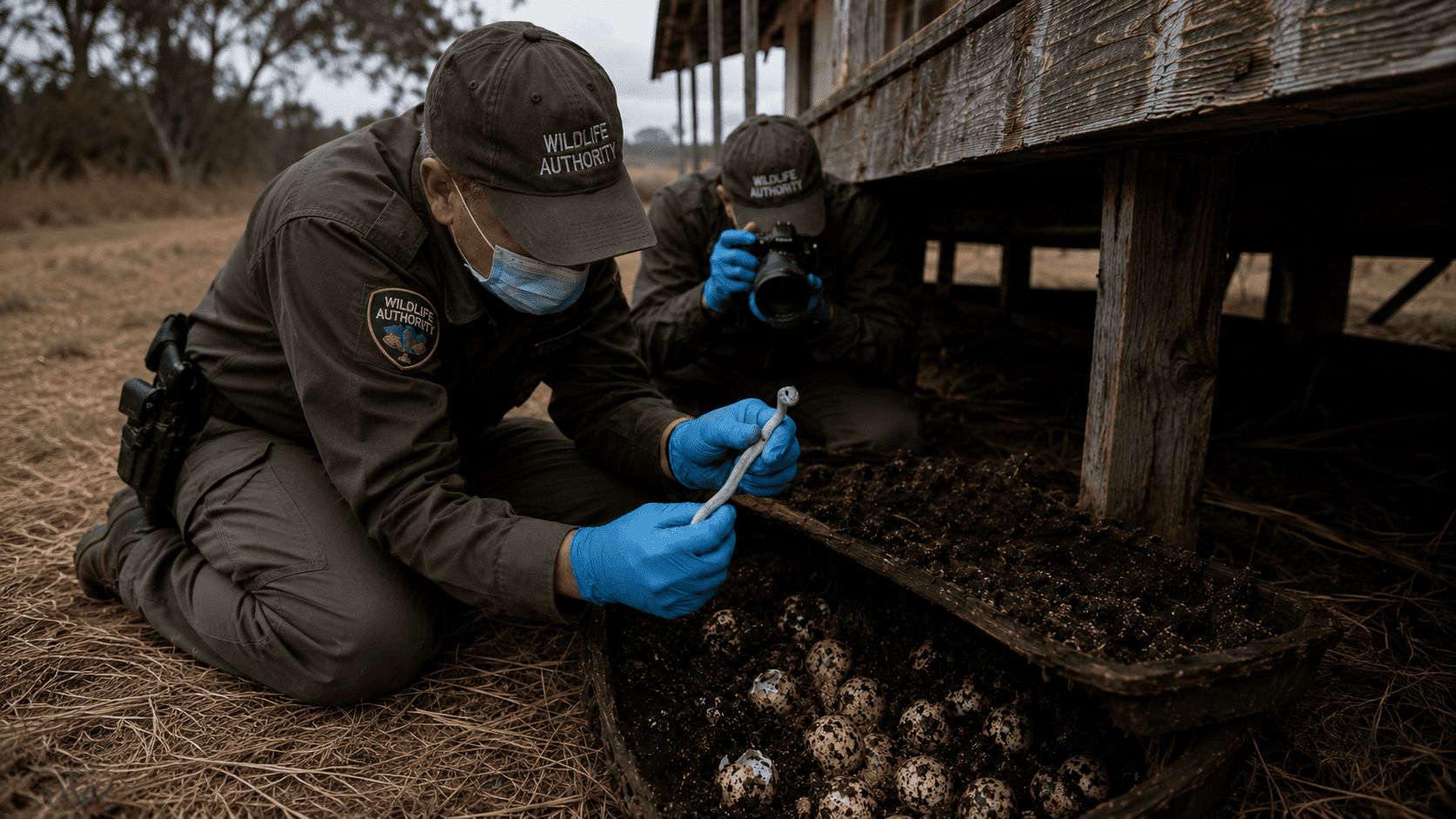 Wildlife Authority agents in gloves and masks closely examining a hatching egg with a pale snake emerging, while a second agent photographs the scene