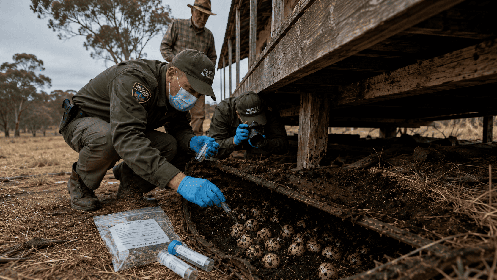 Wildlife Authority officers in protective gear collecting egg samples beneath Elias's deck while he watches from behind