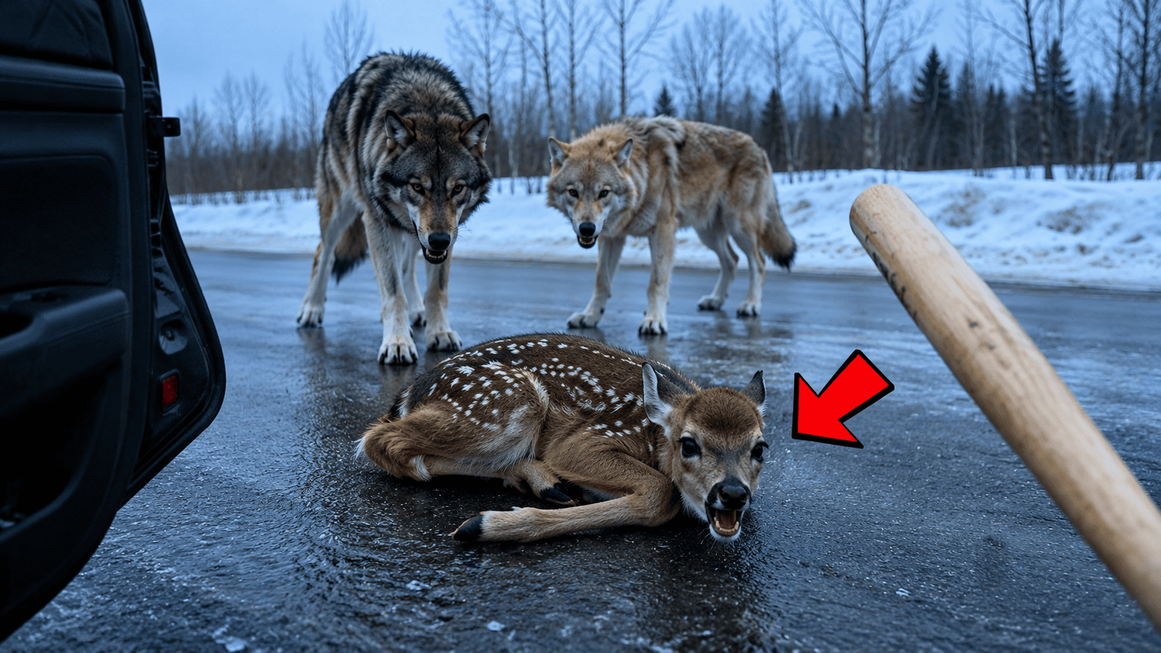 Man Confronts Two Wolves on Icy Road to Rescue a Screaming Baby Deer