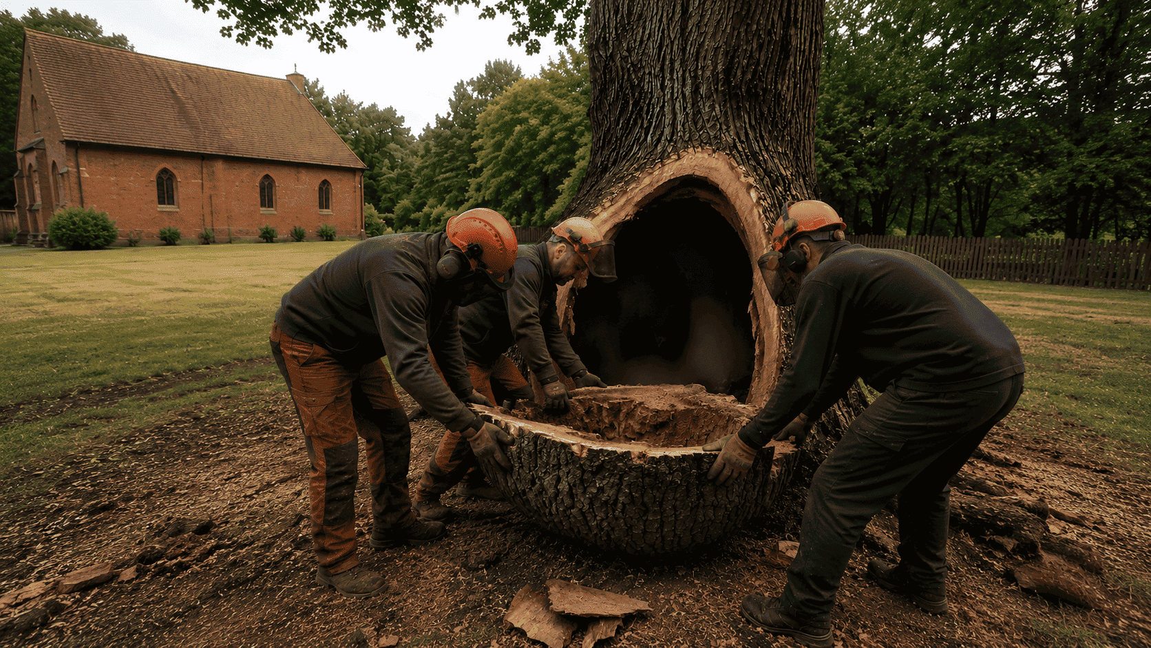 Three tree workers in orange helmets pulling back a large section of the tree bulge to reveal its interior
