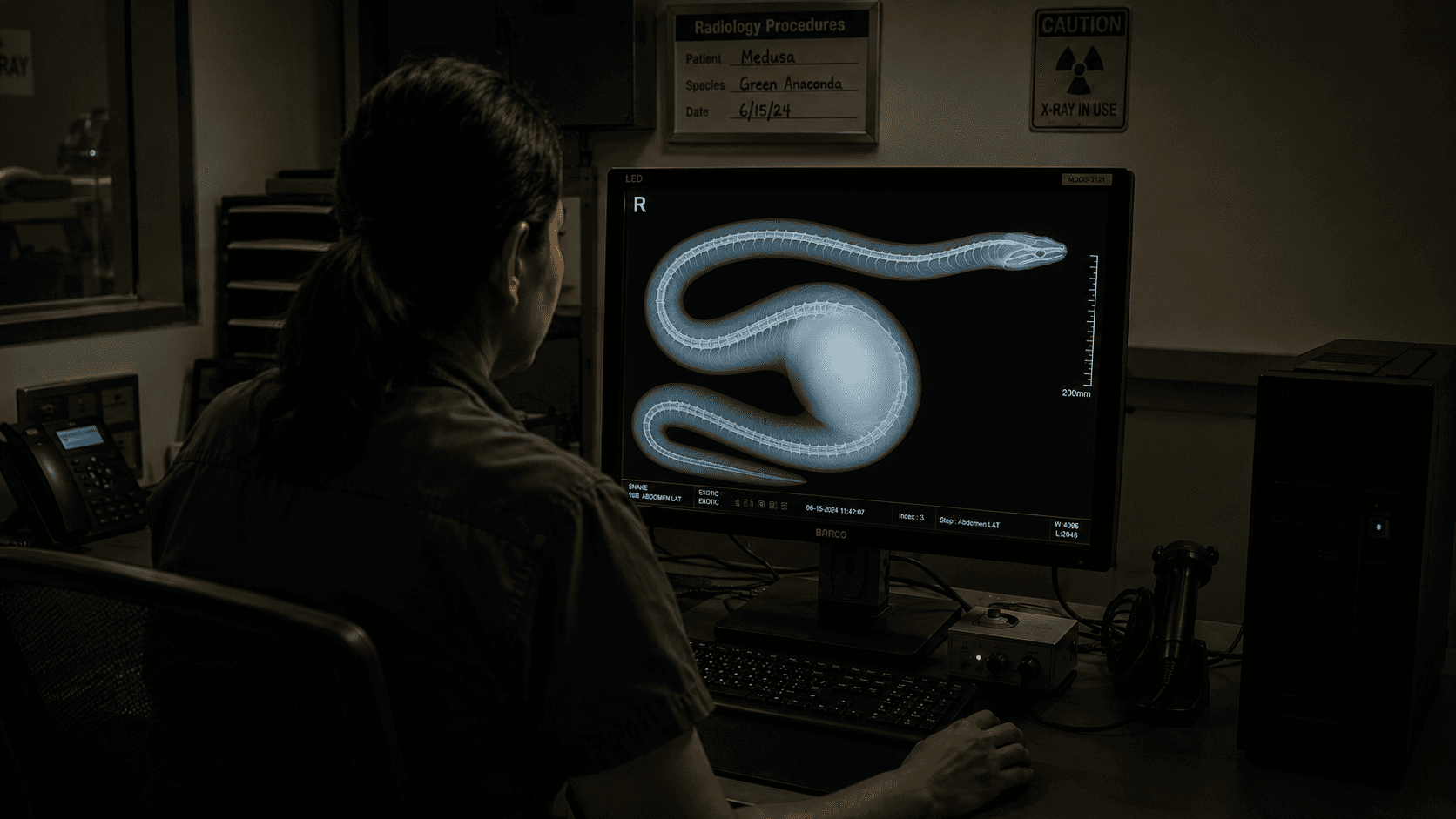 Dr. Elena reviewing the X-ray of Medusa on a radiology workstation showing a large round object