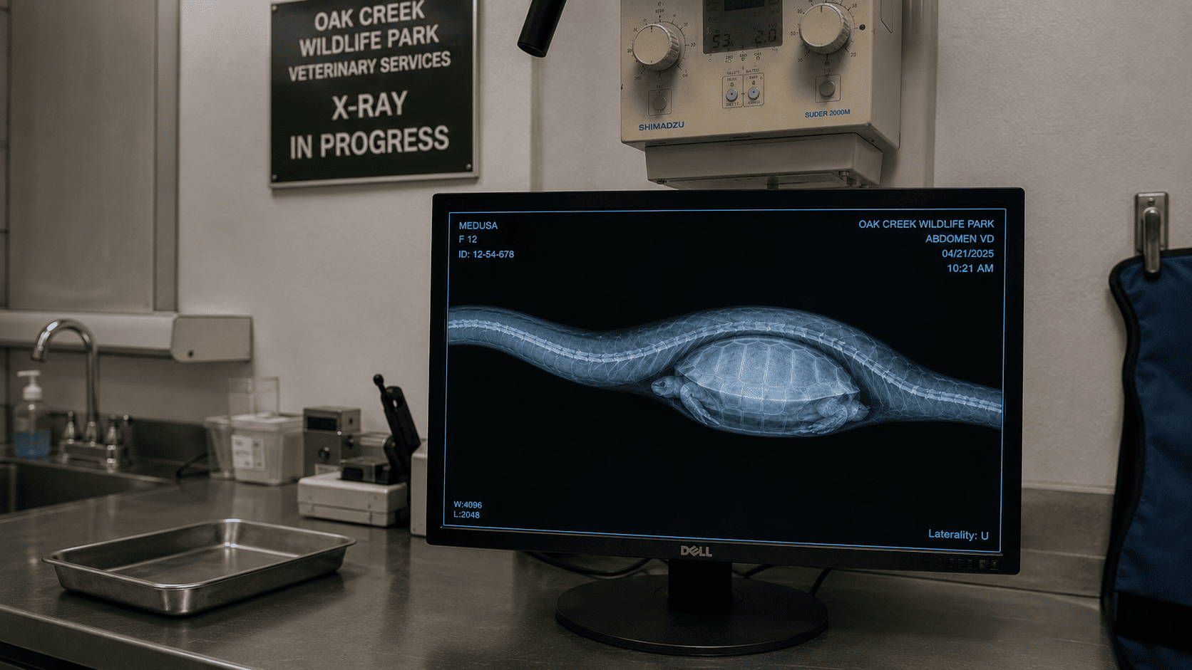 X-ray monitor at Oak Creek Wildlife Park Veterinary Services showing a tortoise shell inside the snake